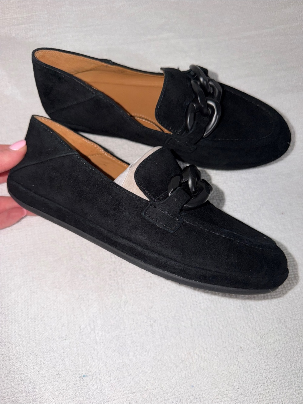 Black Suede Slip-On Loafers with Chain Detail - Women's Flats